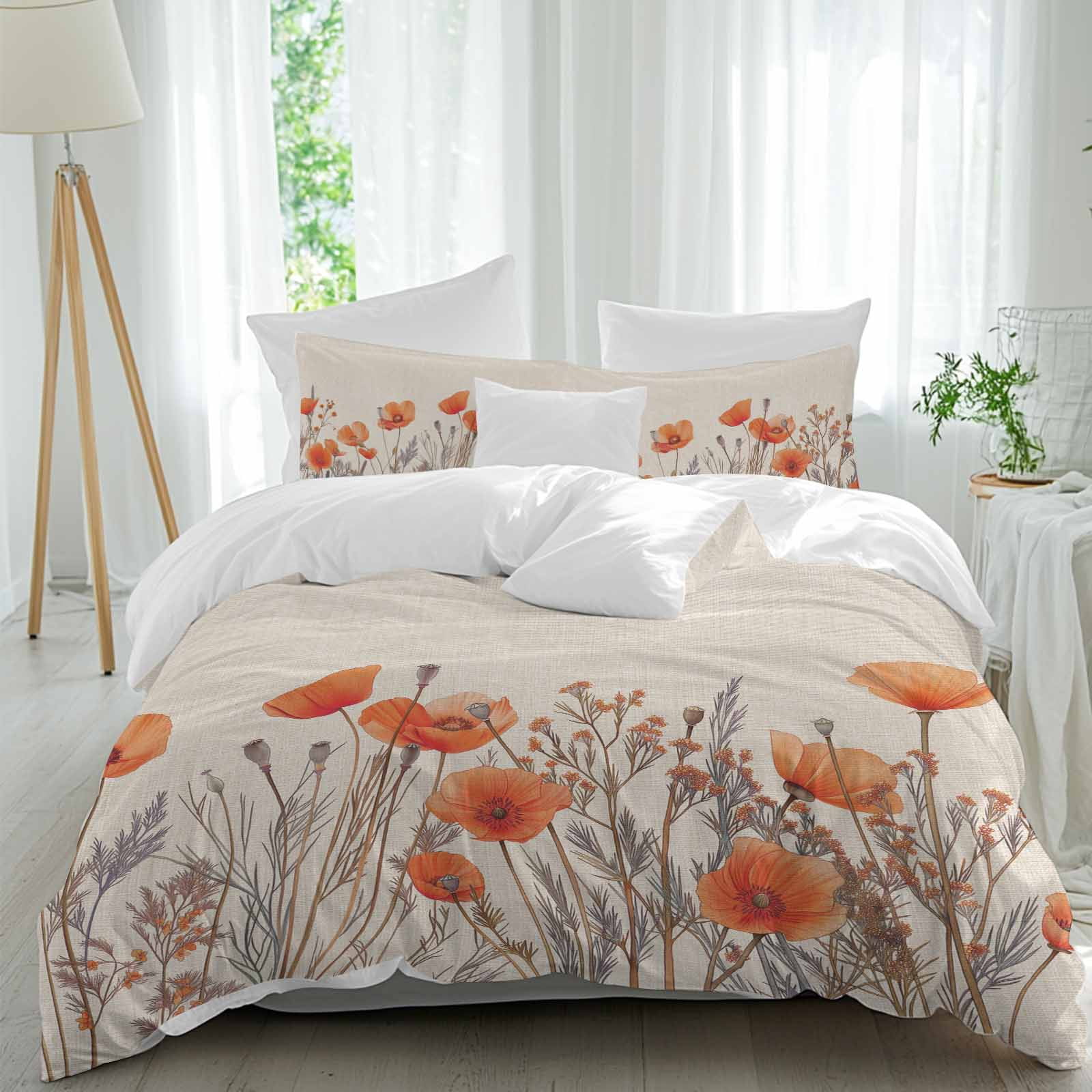 3 Piece Orange Spring Floral Duvet Cover Set Queen Size,Microfiber ...