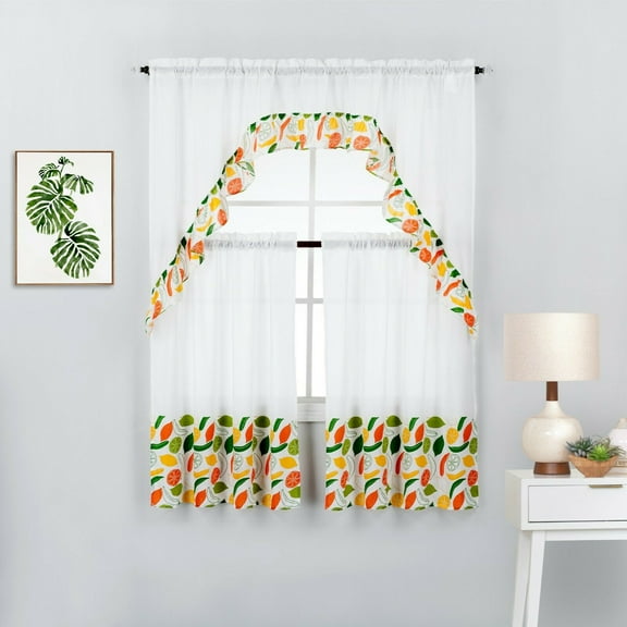 3 Piece Oranges Printed Kitchen Window Curtain Panel Tiers and Swag Valance Set