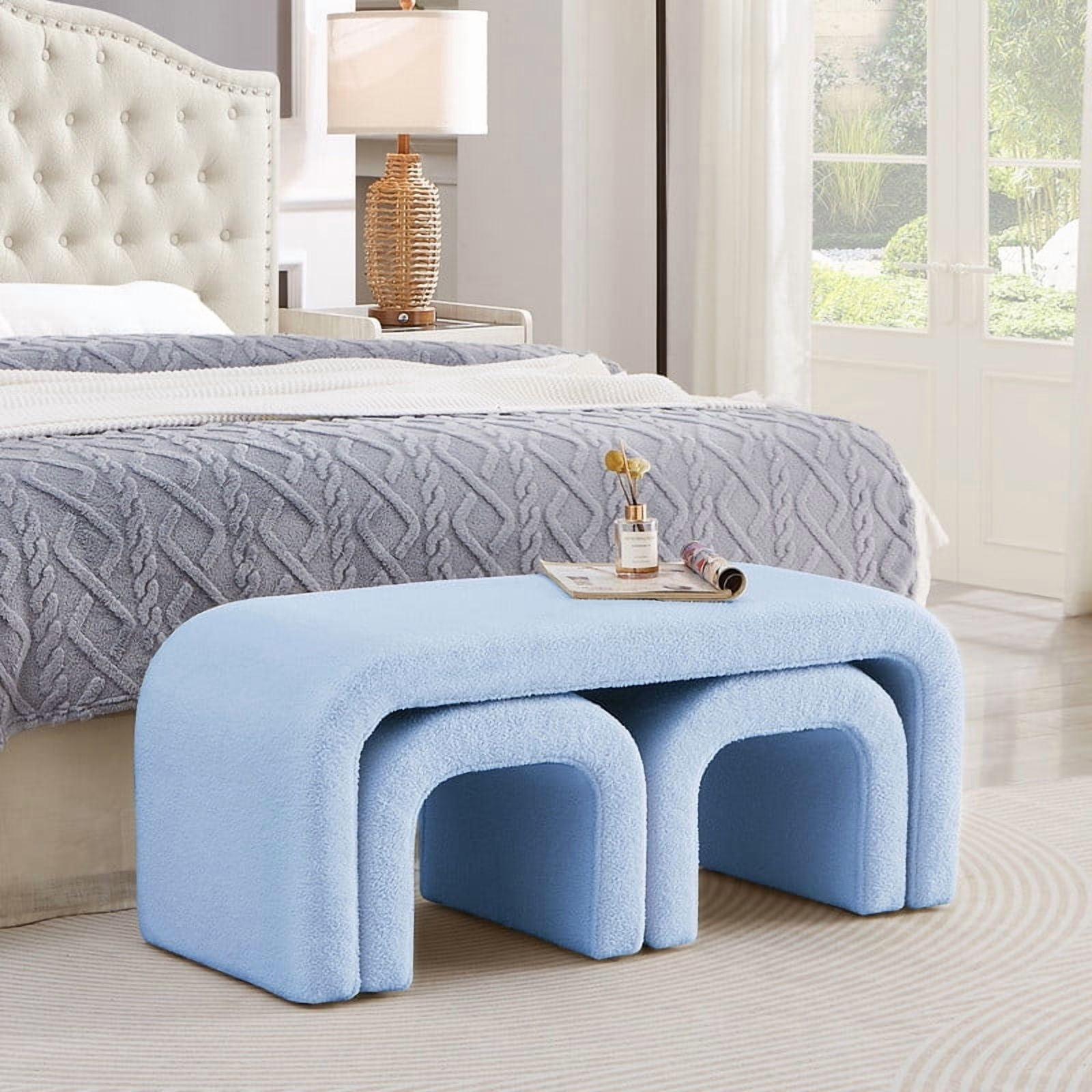 3-Piece Ottoman Bench Set, 44" Upholstered End of Bed Bench with 2 Nesting Stools, Teddy Fabric Entryway Bench, Modern Footrest & Extra Seating for Living Room Bedroom,Light Blue