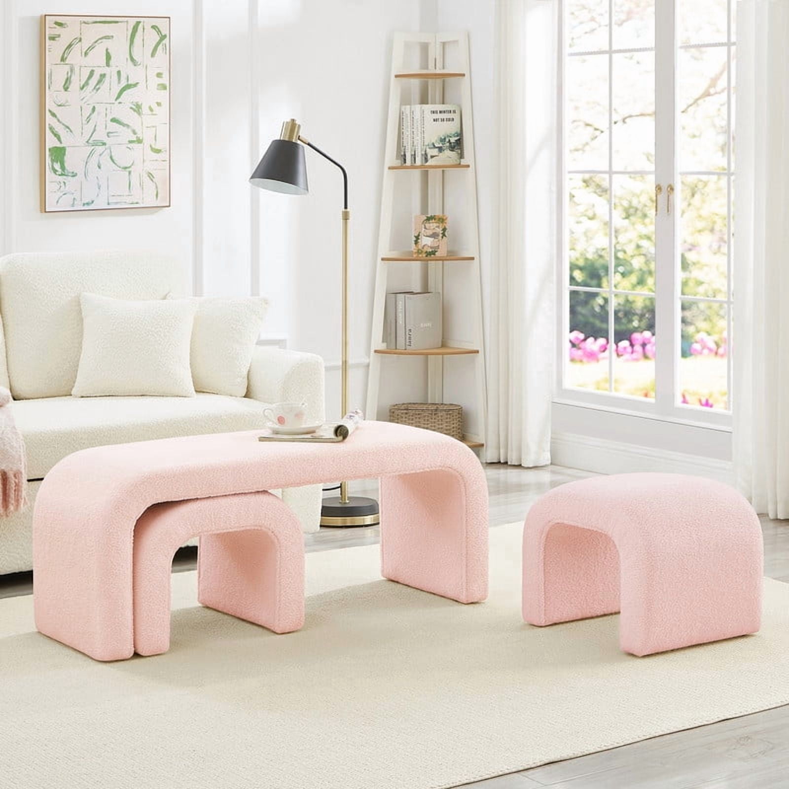 3-Piece Ottoman Bench Set, 44" Upholstered End of Bed Bench with 2 Nesting Stools, Teddy Fabric Entryway Bench, Modern Footrest & Extra Seating for Living Room Bedroom,Pink