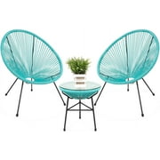 3-Piece Outdoor Acapulco All-Weather Patio Conversation Bistro Set w/Plastic Rope, Glass Top Table and 2 Chairs - Light Blue
