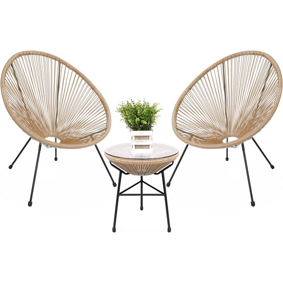 3-Piece Outdoor Acapulco All-Weather Patio Conversation Bistro Set w/Plastic Rope, Glass Top Table and 2 Chairs - Natural
