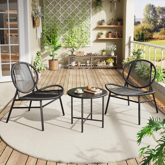 3 Piece Outdoor Acapulco Chair Patio Bistro Set, Acapulco Chairs Set of 2 with Metal Coffee Table, All Weather Patio Chair Conversation Bistro Set with Steel Frame for Balcony, Garden, Backyard,Black
