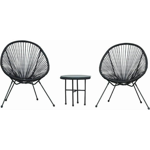 3 Piece Outdoor Acapulco Chair Patio Bistro Set,Conversation Seating w/Plastic Rope,Glass Top Table and 2 Chairs,All Weather for Patio, Lawn, Garden