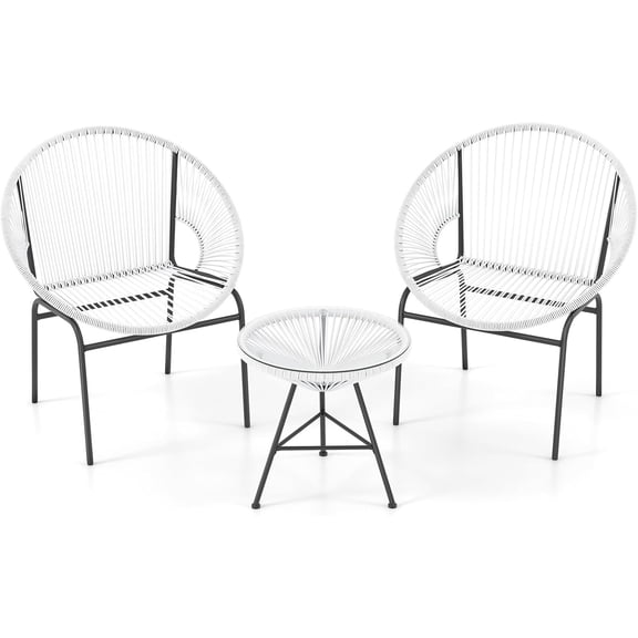 3-Piece Outdoor Acapulco Chair Set, Wicker Conversation Bistro Sets with Plastic Rope, Glass Top Table, Patio Rattan Furniture Set for Garden, Balcony, Lawn, Backyard, Apartment, White