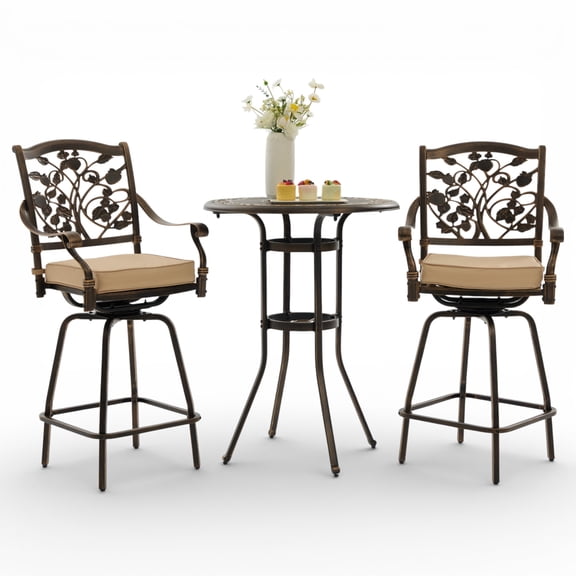 3-Piece Outdoor Bar Height Dining Set, Cast Aluminum Swivel Bar Stools with Cushions and 31.5-Inch High Top Table, Antique Bronze All-Weather Bistro Furniture for Small Spaces