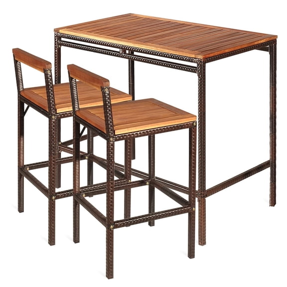 3-Piece Outdoor Bar Set, Acacia Wood Table & 2 Wicker Bar Stools with Footrest, Patio Height Dining Furniture for Backyard Porch Garden Entertaining, Brown