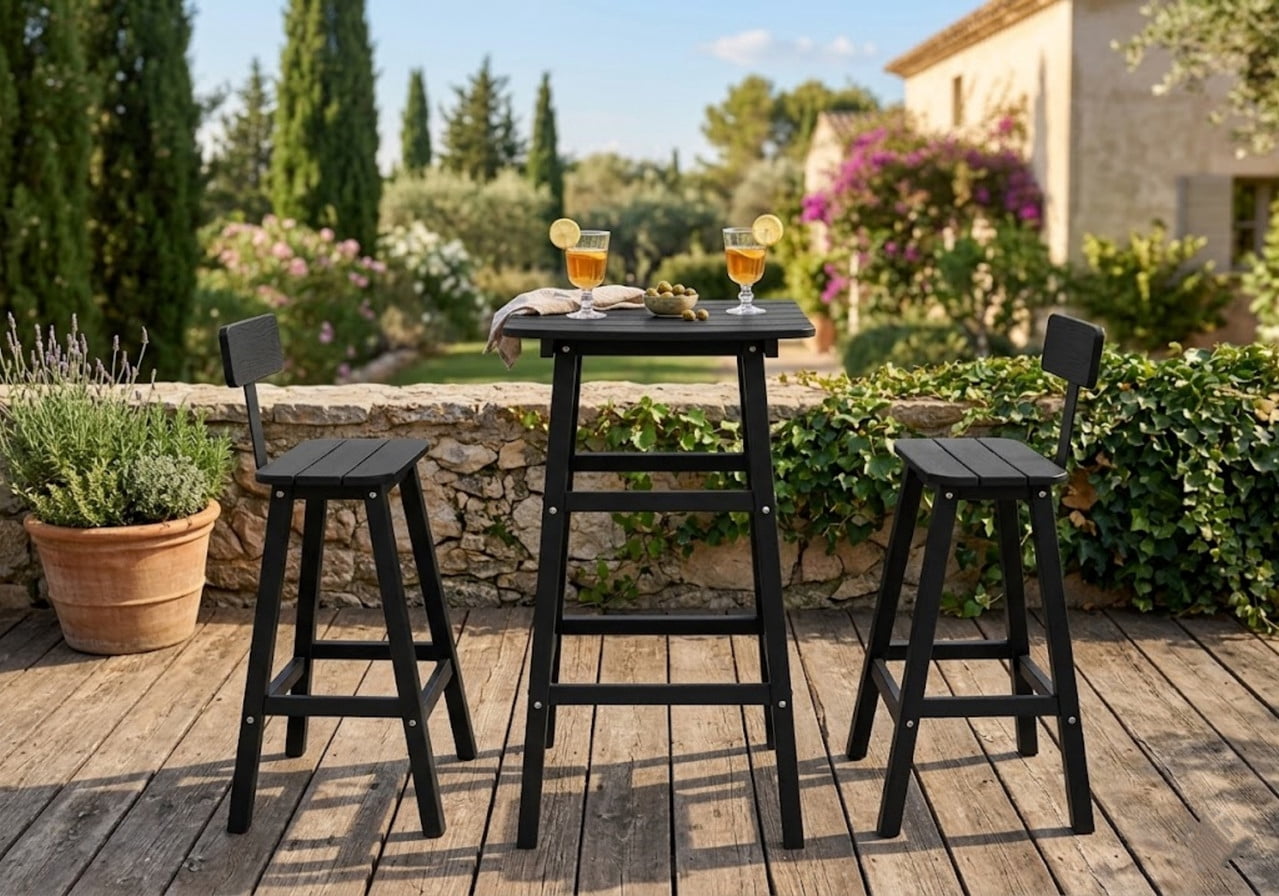 3 Piece Outdoor Bar Set Patio HDPE Dining Set with Square High-Top Table Footrest & Backrest