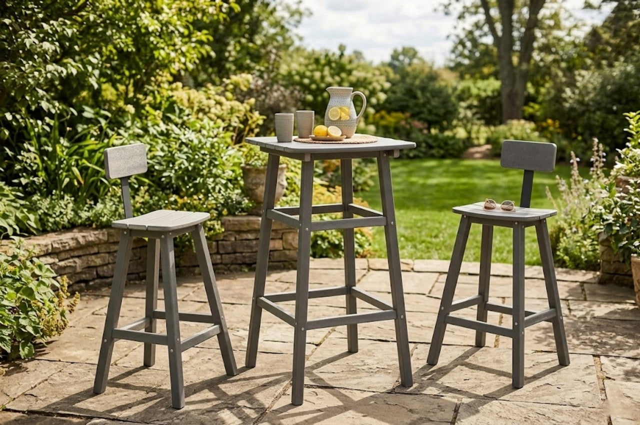 3 Piece Outdoor Bar Set Patio HDPE Dining Set with Square High-Top Table Footrest & Backrest