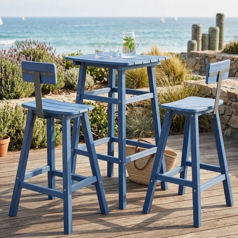 3 Piece Outdoor Bar Set Patio HDPE Dining Set with Square High-Top Table Footrest & Backrest