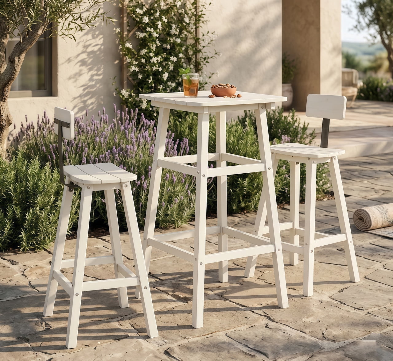 3 Piece Outdoor Bar Set Patio HDPE Dining Set with Square High-Top Table Footrest & Backrest