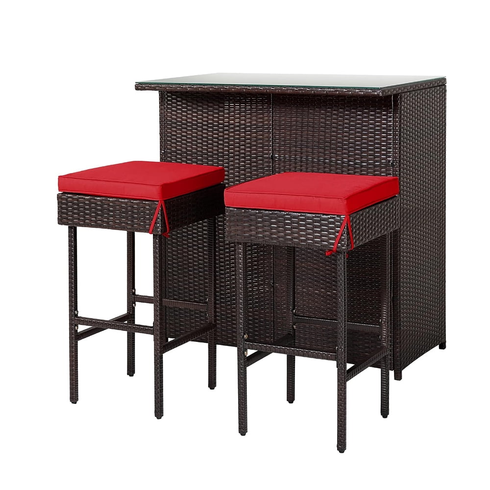 3-Piece Outdoor Bar Set, Patio Wicker Bar Height Bar Table with ...