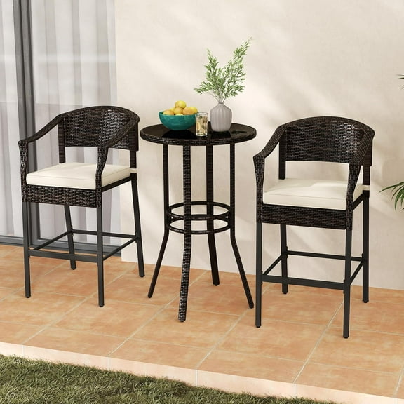 3-Piece Outdoor Bar Set - Patio Wicker Rattan Bar Height Barstools w/Cushions, Footrest, Round Glass Top Table, High Top Bistro Table & Chairs Set of 2 for Pool Porch Balcony (Brown-Beige)