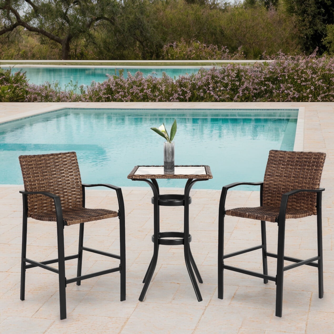 3 Piece Outdoor Bar Stool Set with Glass Table, Rattan Wicker Bar ...