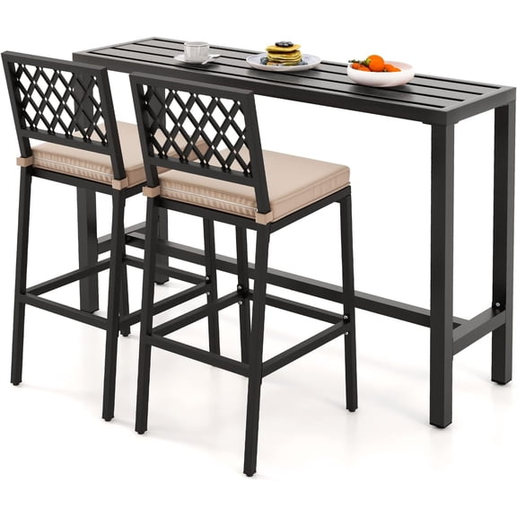 3 Piece Outdoor Bar Table and Chairs Set, 55" Pub Height Bar Table & 2 Cushioned Bar Stools with Rhombus Backrest, Metal Patio Bar Table Set for Balcony, Backyard, Porch, Pool