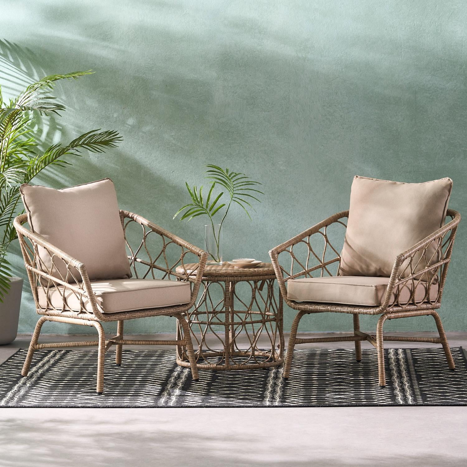 3-Piece Outdoor Bistro Chat Set with Light Brown PE Rattan and Beige Cushions, 2 Armchairs and Round Side Table for Patio Garden, Brown