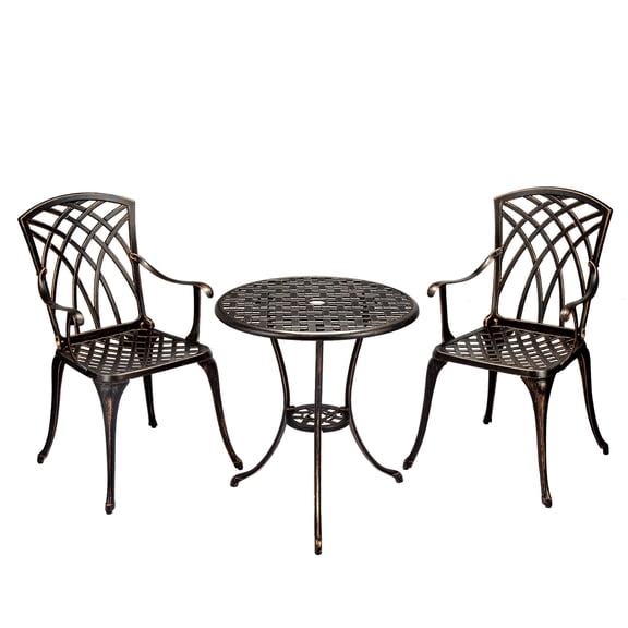 3-Piece Outdoor Bistro Set, Cast Aluminum Chairs & Table with Umbrella Hole, Adjustable Feet for Garden