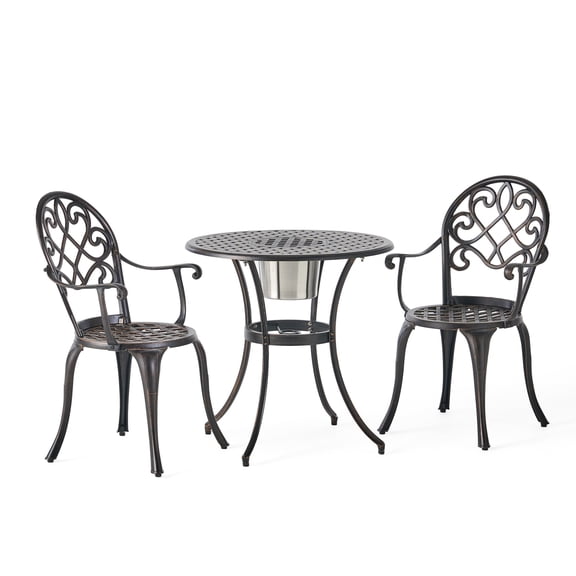3 Piece Outdoor Bistro Set Cast Aluminum Dining Chairs And Mesh Table With Ice Bucket Copper Finish For Patio Backyard