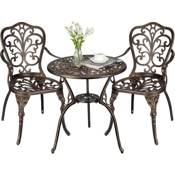 3 Piece Outdoor Bistro Set, Cast Aluminum Patio Table and Chairs Set of 2 with Umbrella Hole, Rust-Resistant All Weather Balcony Furniture for Backyard, Porch, Bronze