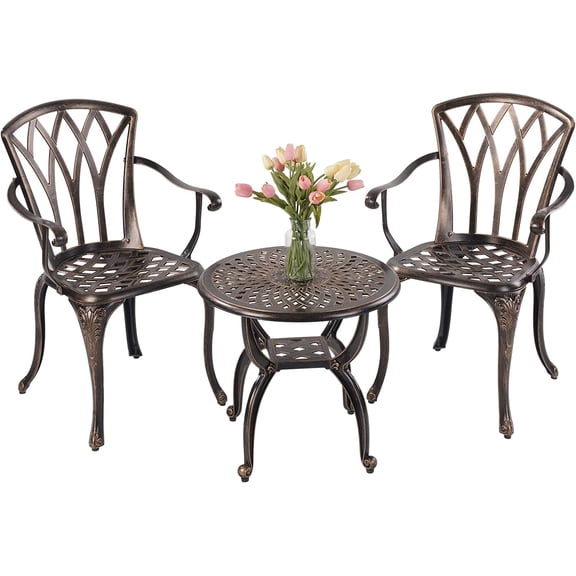 3-Piece Outdoor Bistro Set Cast Aluminum Rust-Resistant Patio Furniture Armchairs Design (Copper)