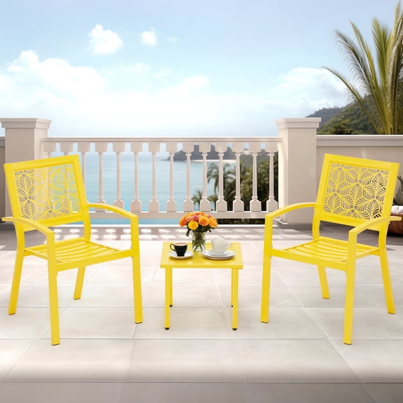 3-Piece Outdoor Bistro Set: Metal Patio Chairs with Floral Back & Small Table, Weather-Resistant & UV-Resistant for Porches, Balconies & Poolsides, Peacock Blue