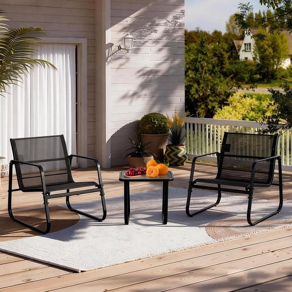 3-Piece Outdoor Bistro Set, Modern Patio Conversation Set with 2 Textilene Chairs and Glass Top Side Table, Anti-Rust Steel Frame Furniture for Porch, Backyard, Poolside (Black)