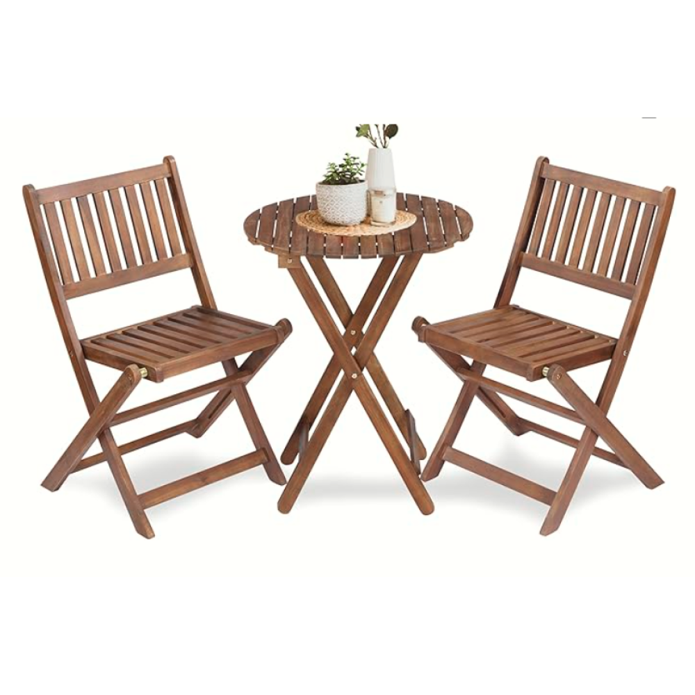 3Piece Outdoor Bistro Set, Natural Acacia Wood Folding Table and