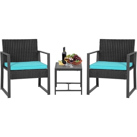 3 Piece Outdoor Bistro Set Patio Furniture Sets Wicker Patio Chairs Rattan Outdoor Furniture for Backyard Porch Poolside Lawn,Blue Cushion