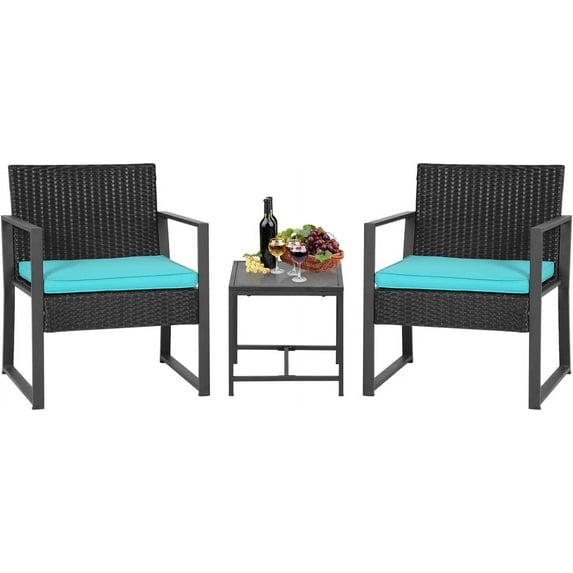 3 Piece Outdoor Bistro Set Patio Furniture Sets Wicker Patio Chairs Rattan Outdoor Furniture for Backyard Porch Poolside Lawn,Blue Cushion
