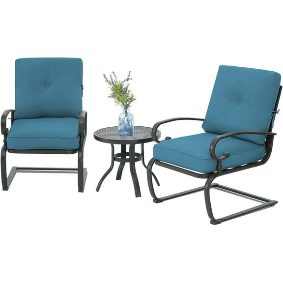 3 Piece Outdoor Bistro Set Spring Metal Lounge Chairs and Bistro Round Table Set, Wrought Iron Outdoor Furniture Set, Blue