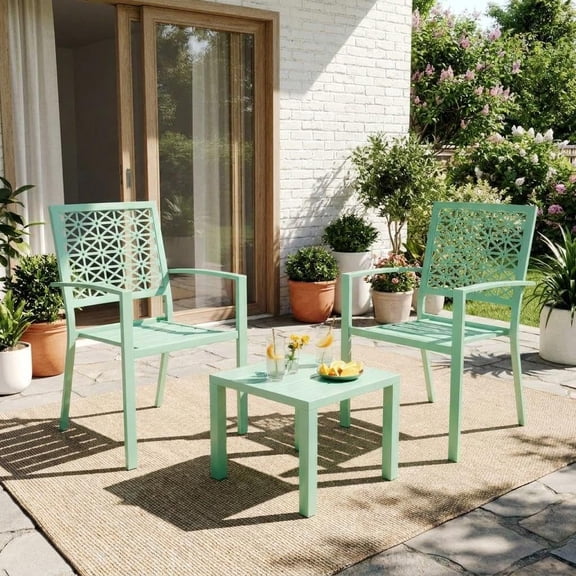 3-Piece Outdoor Bistro Set, Stackable Metal Steel Patio Table and Chairs, Small Space Conversation Set for Porch, Deck, Balcony, Garden, Mint Green