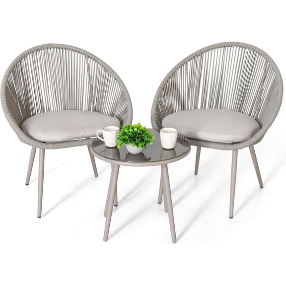 3 Piece Outdoor Bistro Set, Woven Rope Conversation Patio Set, All Weather Patio Furniture Chairs and Table with Cushions for Garden, Deck, Backyard, Balcony, Porch, Beige