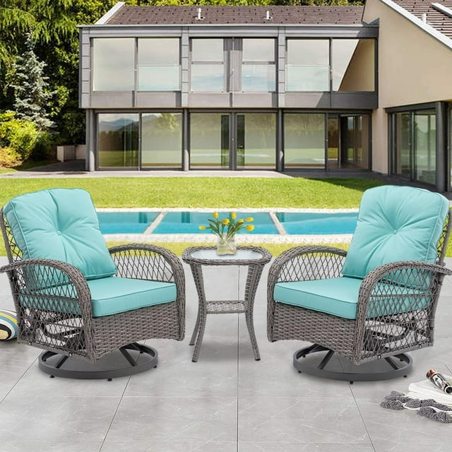 3 Piece Outdoor Bistro Swivel Chairs Set, Patio Bistro Set w/ 360° Swivel Rocking Chairs & Table, All-Weather Conversation Set with Metal Frame for Patio Backyard Porches or Garden - Blue