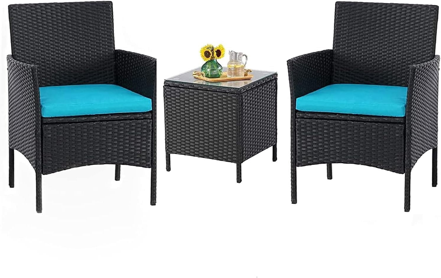 3 Piece Outdoor Black Wicker Chair Small Patio Furniture, Front Porch