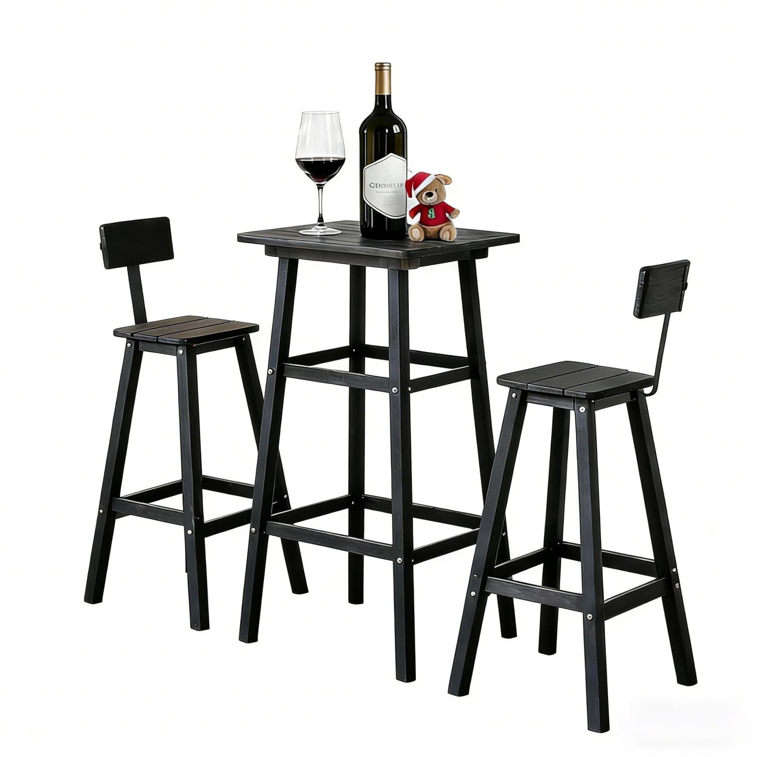3 Piece Outdoor Counter Height Bar Table Set, 42" Bistro Pub Table with 2 Stools, HDPE Weather Resistant Patio Furniture Set, Black