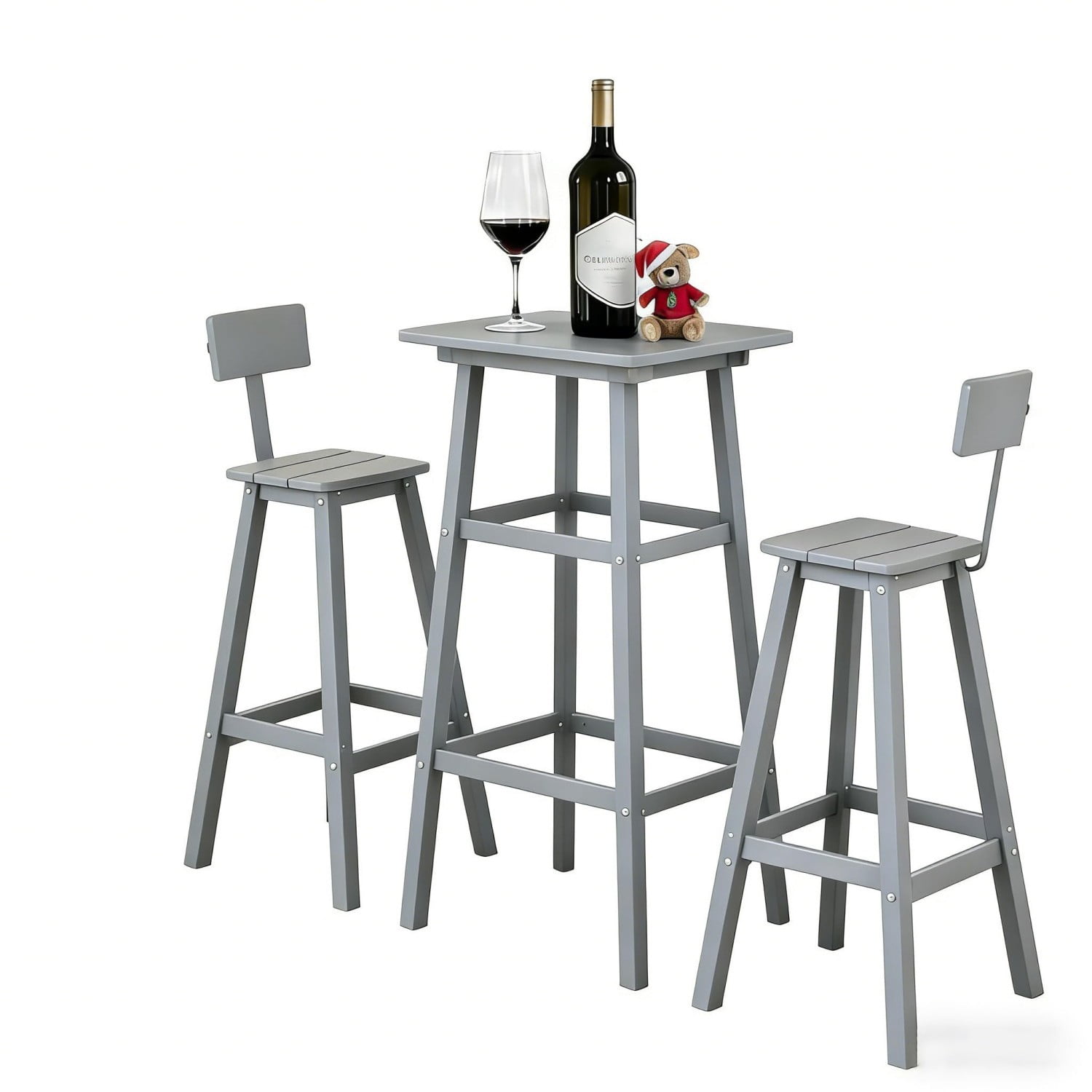 3 Piece Outdoor Counter Height Bar Table Set, 42" Bistro Pub Table with 2 Stools, HDPE Weather Resistant Patio Furniture Set, Gray