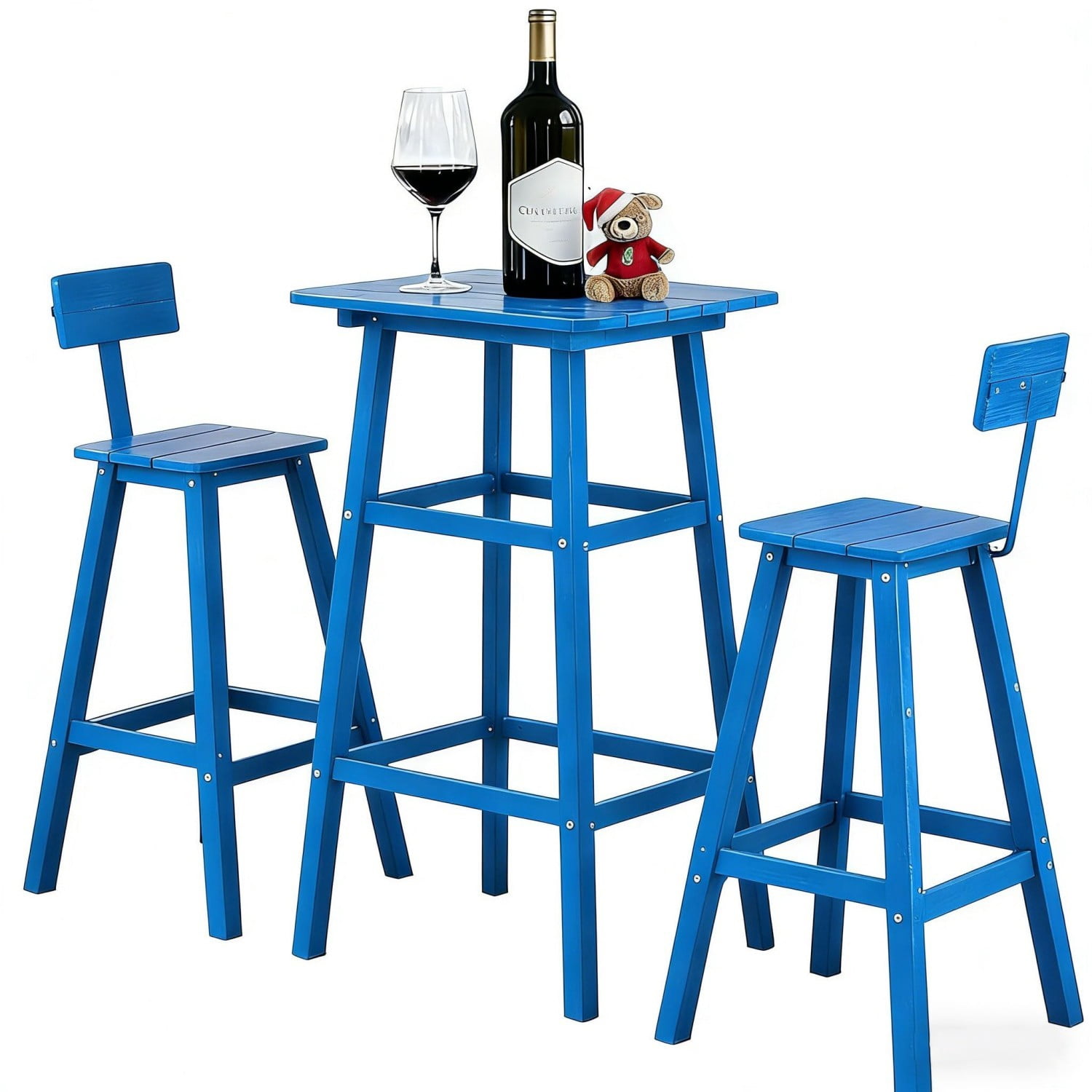 3 Piece Outdoor Counter Height Bar Table Set, 42" Bistro Pub Table with 2 Stools, HDPE Weather Resistant Patio Furniture Set, Navy Blue