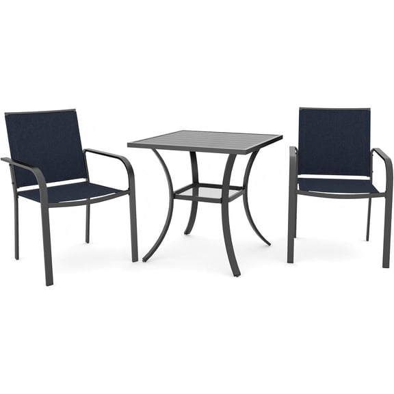 3-Piece Outdoor Dining Set, Small Metal Bistro Table with 2 Stackable Sling Chairs, 27.5 x 27.5 Inch Square Table, Blue Fabric