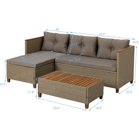 3-Piece Outdoor Dining Set with Acacia Wood Table Rattan Sectional Sofa