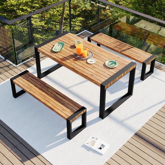 3-Piece Outdoor Dining Table Set, Acacia Wood Patio Dining Set with 2 Benches, Natural