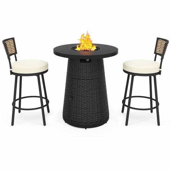 3-Piece Outdoor Fire Pit Bar Set Patio Conversation Dining Bistro Set with 40000BTU Propane Round Fire Table 2 Swivel Barstools Chairs, Black
