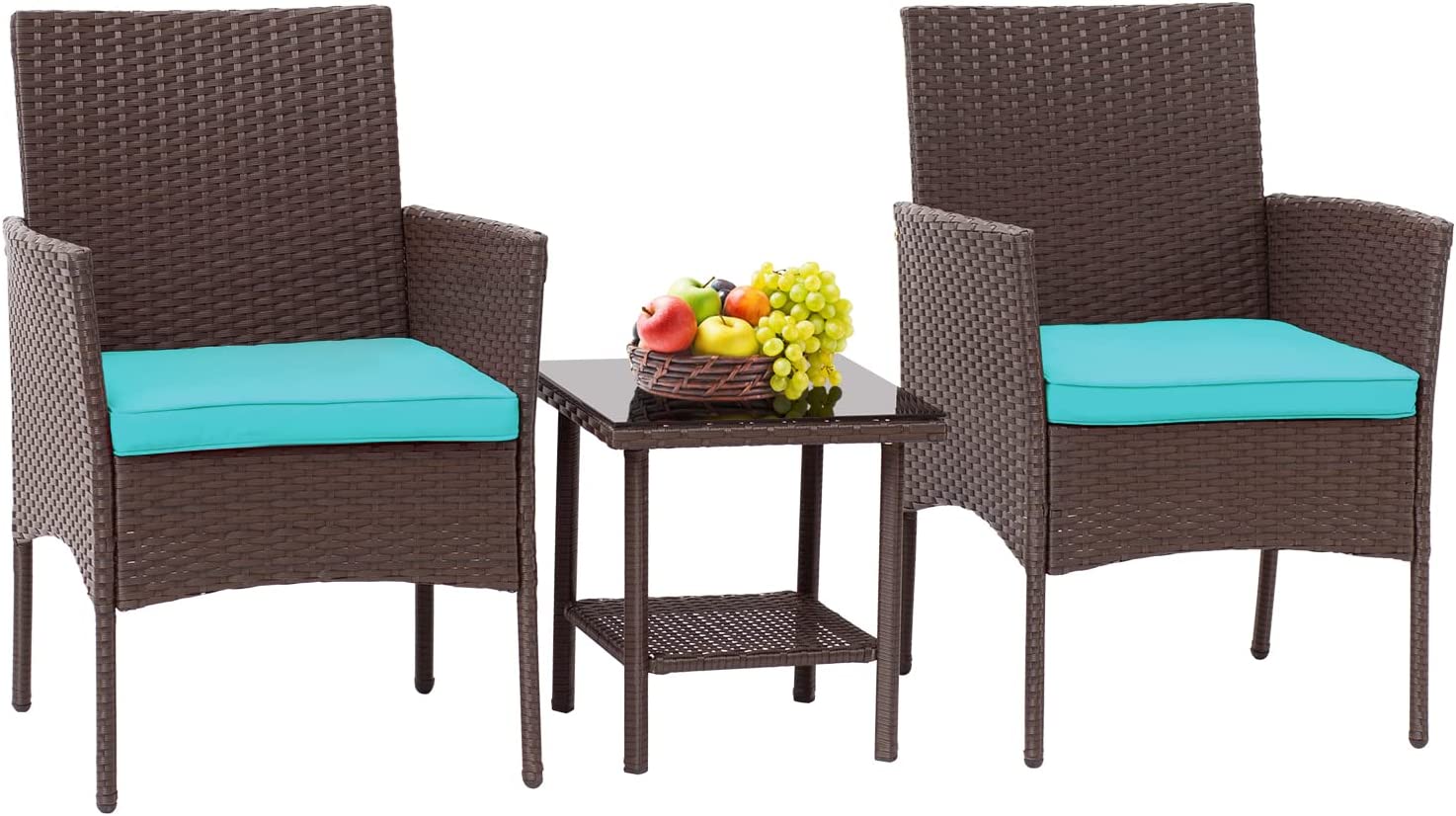 3 Piece Outdoor Furniture Set Patio Brown Wicker Chairs Furniture Bistro Conversation Set 2 Rattan Chairs with Blue Cushions and Glass Coffee Table for Porch Lawn Garden Balcony Backyard - image 1 of 7
