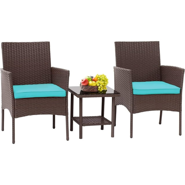 3 Piece Outdoor Furniture Set Patio Brown Wicker Chairs Furniture Bistro Conversation Set 2 Rattan Chairs with Blue Cushions and Glass Coffee Table for Porch Lawn Garden Balcony Backyard