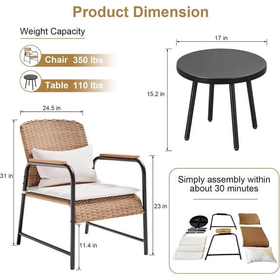3-Piece Outdoor  Furniture Set with Wicker Rattan Bistro Table and Cushions for Garden Balcony Beige