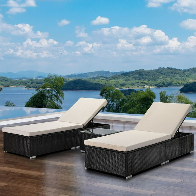 3 Piece Outdoor Garden Wicker Patio Chaise Lounge Set Adjustable PE Rattan Reclining Chairs with Cushions and Side Table