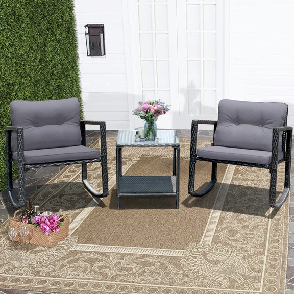 3-Piece Outdoor Glider Bistro Set with Cushioned Rocking Chairs and Glass Table