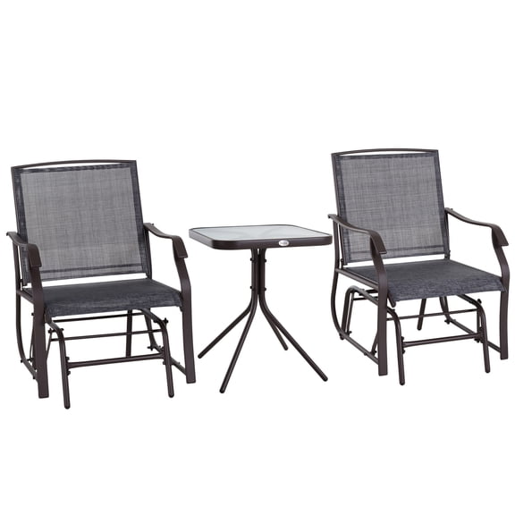 3-Piece Outdoor Glider Set with Coffee Table, 2 Gray Patio Rocking Chairs with Breathable Sling Fabric & Glass Tabletop for Backyard, Garden or Porch