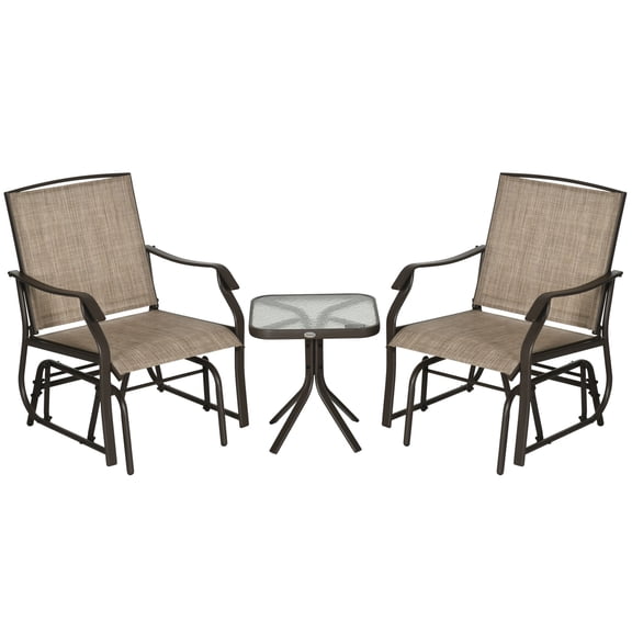 3-Piece Outdoor Glider Set with Coffee Table - 2 Rocking Chairs & Glass Top Patio Bistro Set, Breathable Sling Fabric, Brown