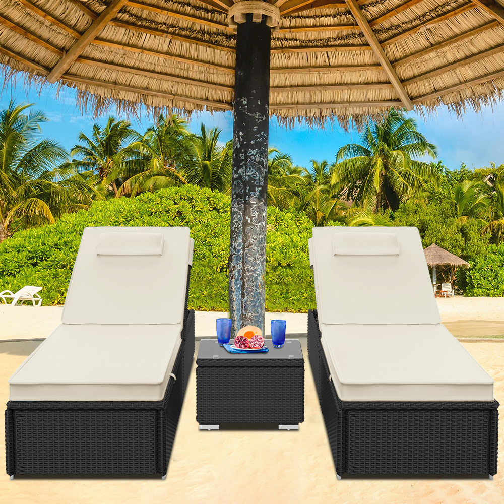 3 Piece Outdoor Lounger Chairs, BTMWAY Wicker Patio Lounge Chairs for Outside, Outdoor Pool Lounge Chairs Set of 2 with Tempered Glass Table, Beige Cushion, Rattan Reclining Chair for Beach Pool Patio - image 1 of 9
