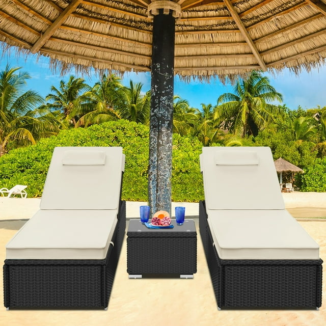 3 Piece Outdoor Lounger Chairs, BTMWAY Wicker Patio Lounge Chairs for Outside, Outdoor Pool Lounge Chairs Set of 2 with Tempered Glass Table, Beige Cushion, Rattan Reclining Chair for Beach Pool Patio